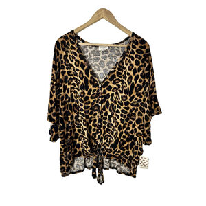 NEW Free Kisses Animal Print Tie Waist Top 2X Women Flared Sleeve V Neck Hi Low